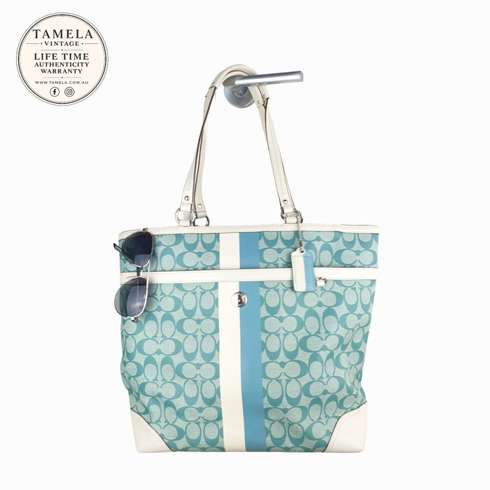 Coach Signature Canvas Tote Bag with Leather Trim in Blue and White