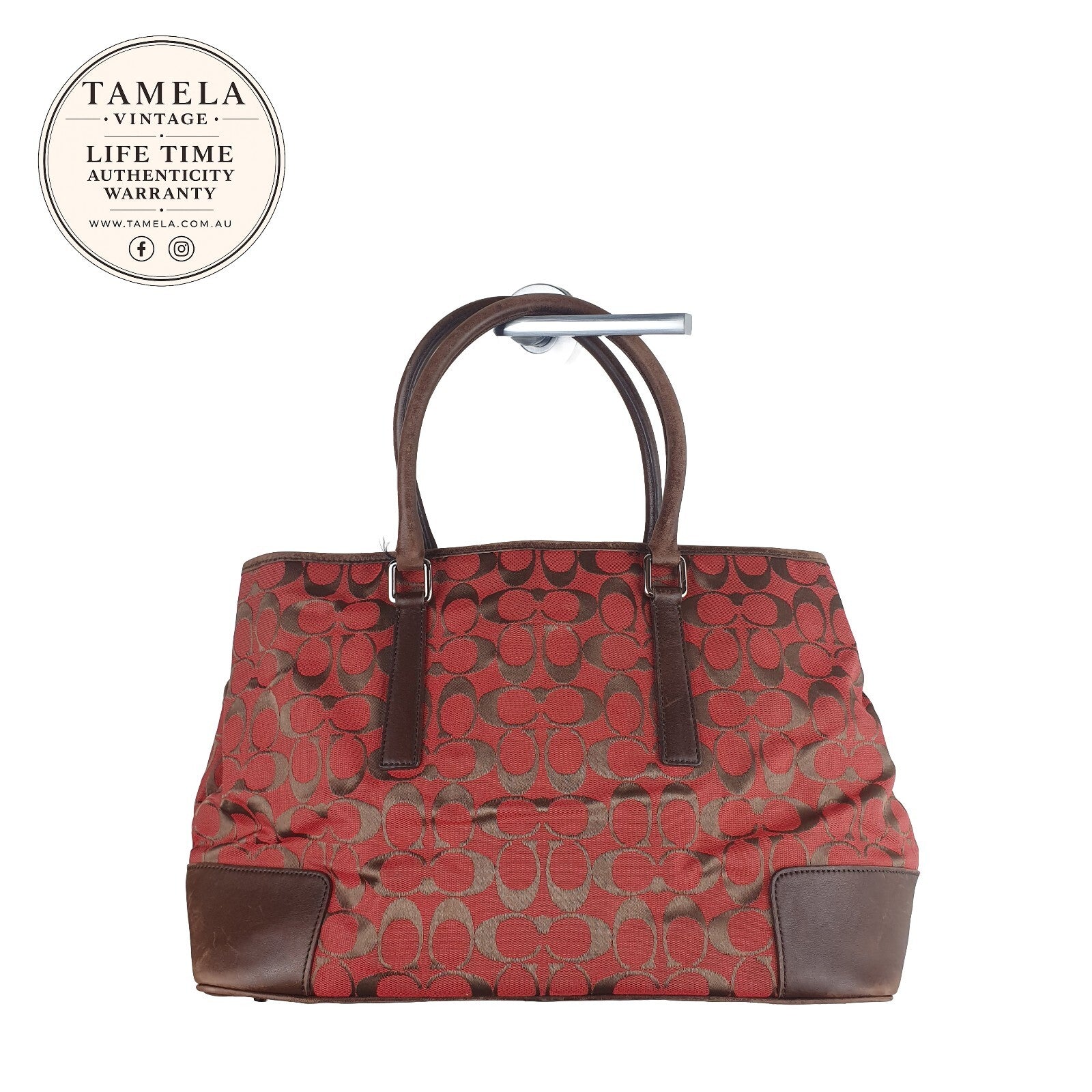 Vintage Coach Red and Brown Signature Canvas Tote Bag