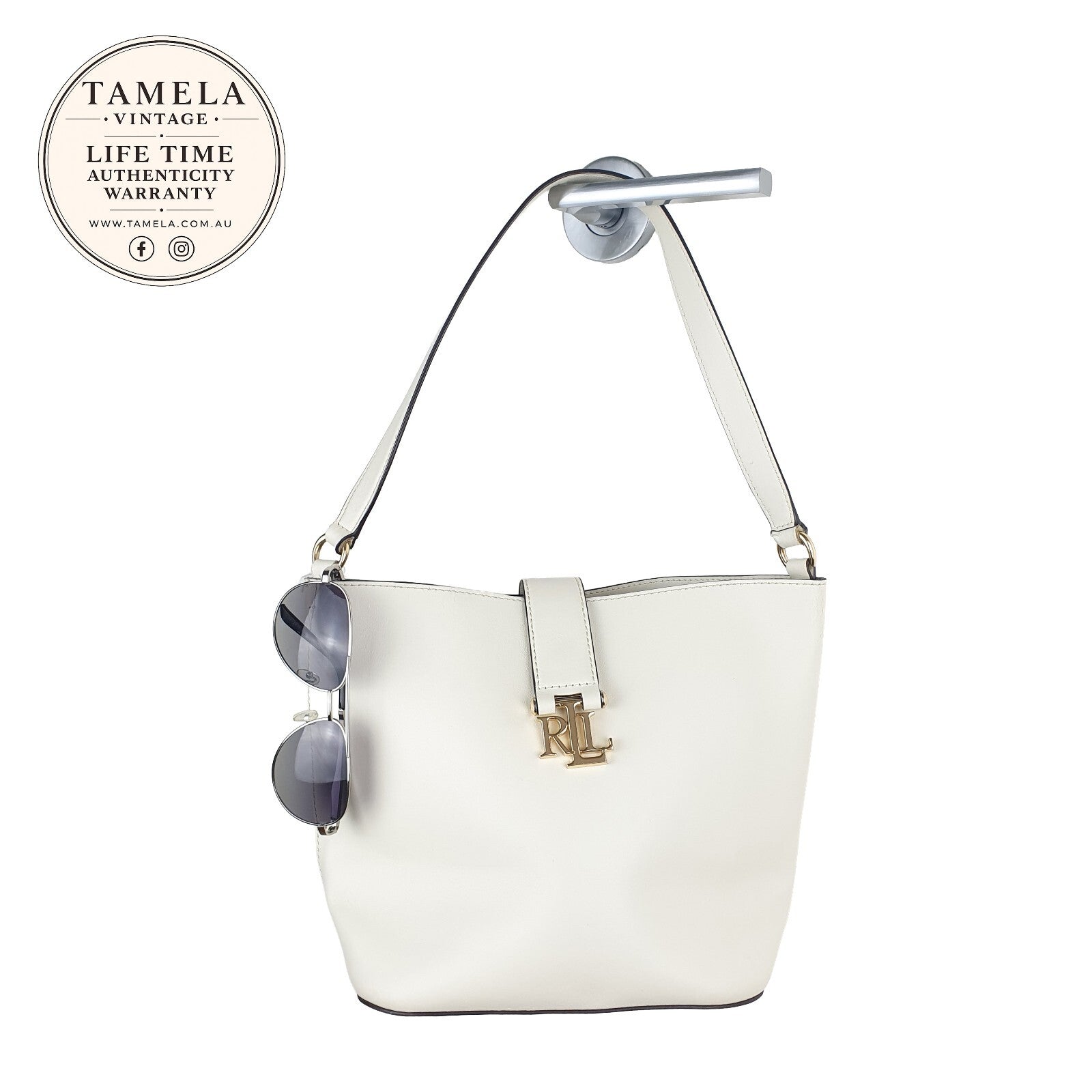 Ralph Lauren White Leather Shoulder Bag with Gold RL Logo