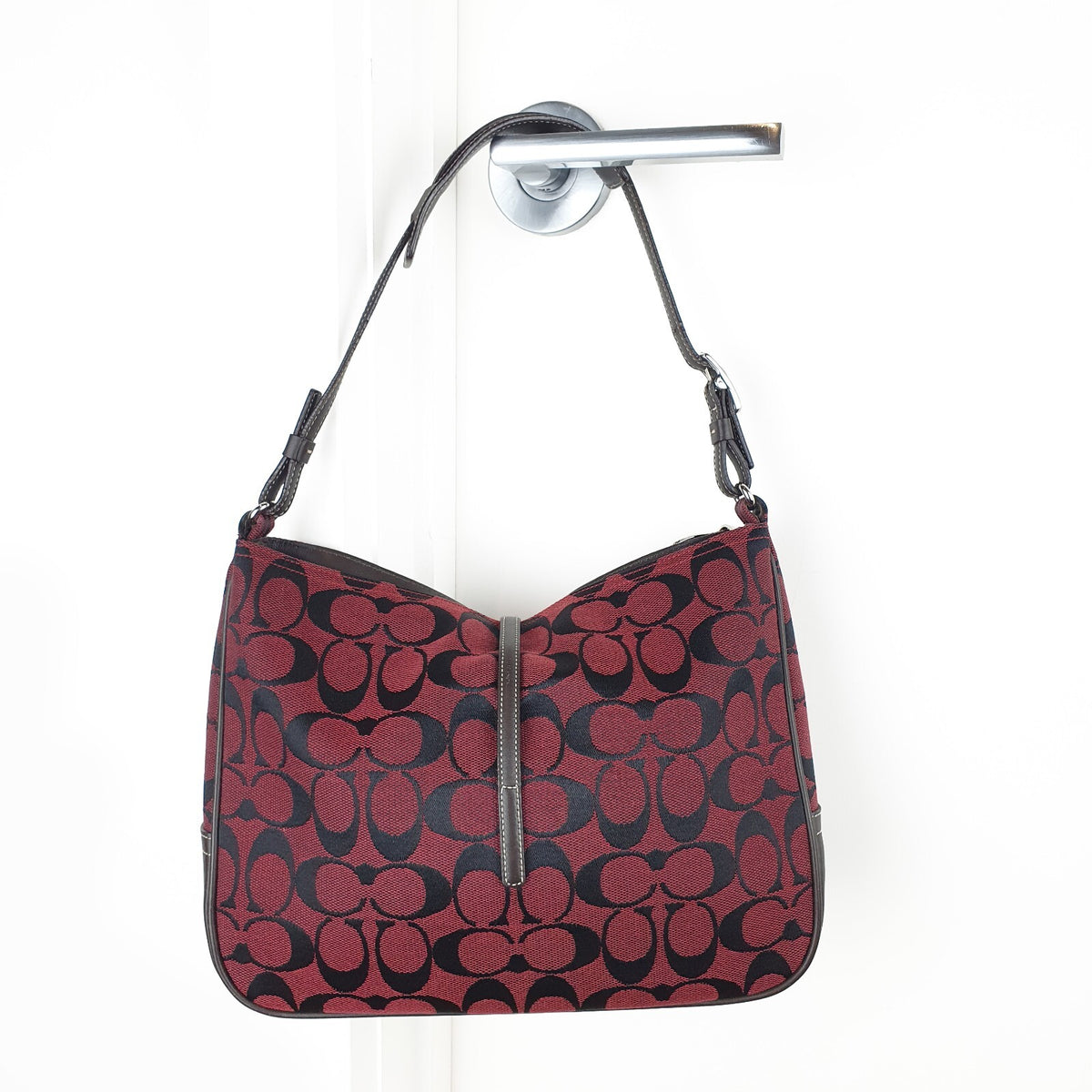 Coach Signature Canvas Shoulder Bag in Burgundy and Black