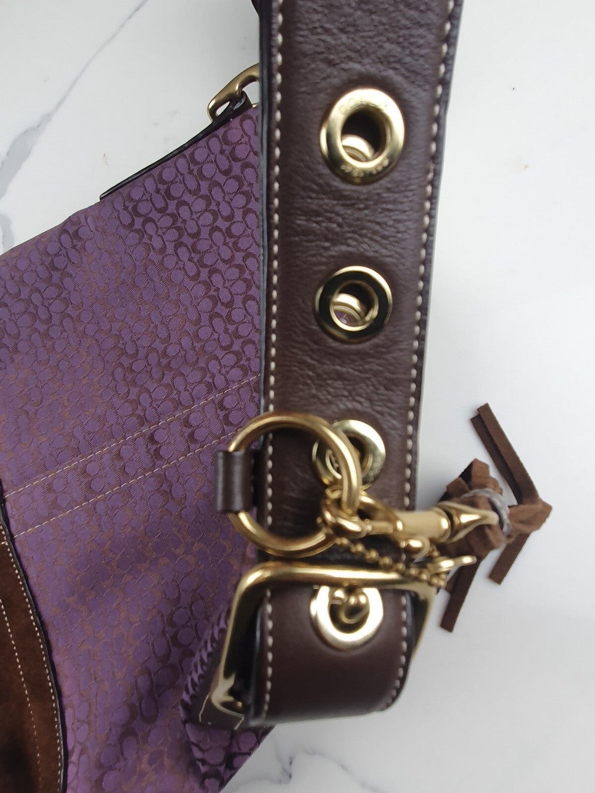 Coach Purple Signature Canvas and Brown Suede Shoulder Bag