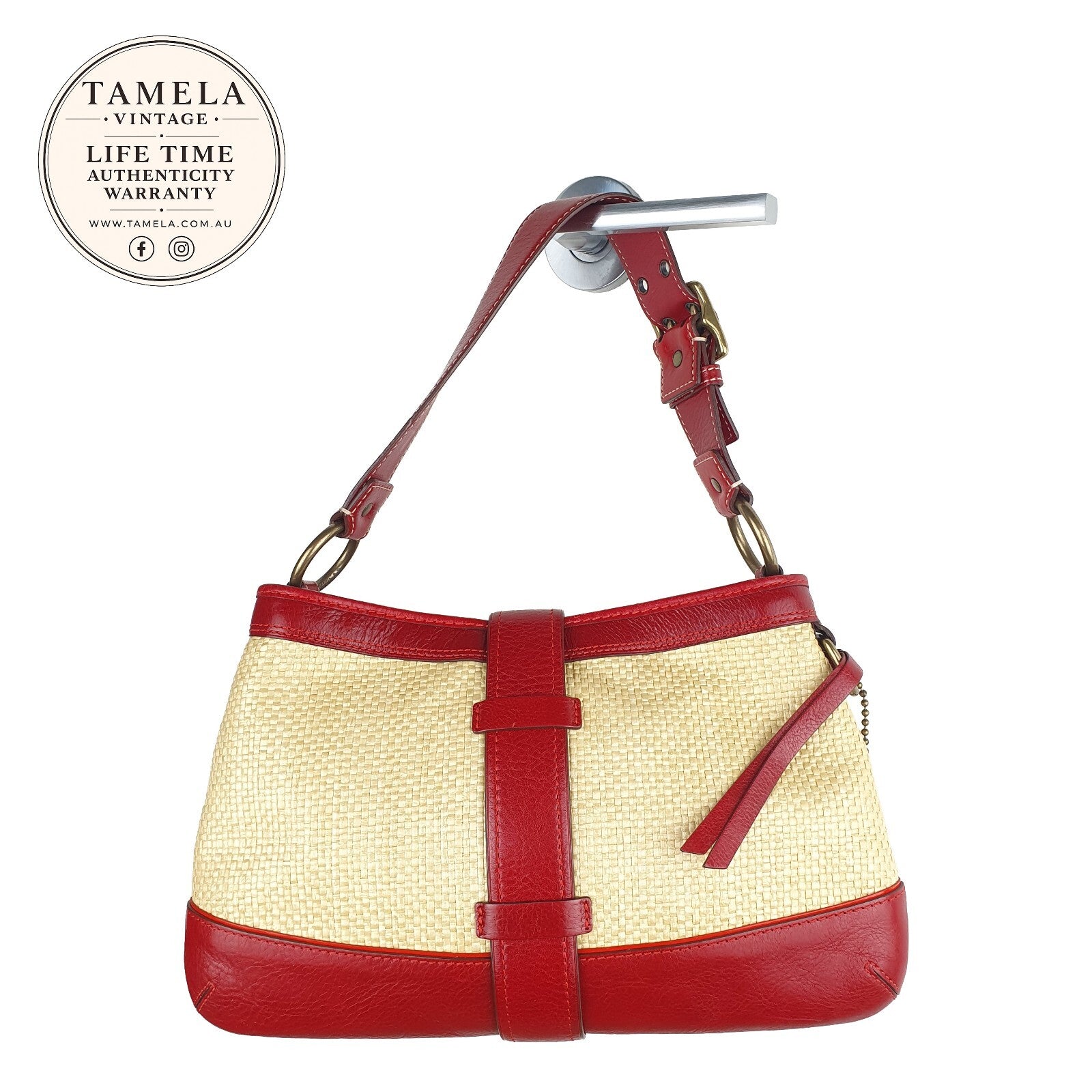 Coach Vintage Red Leather and Straw Shoulder Bag