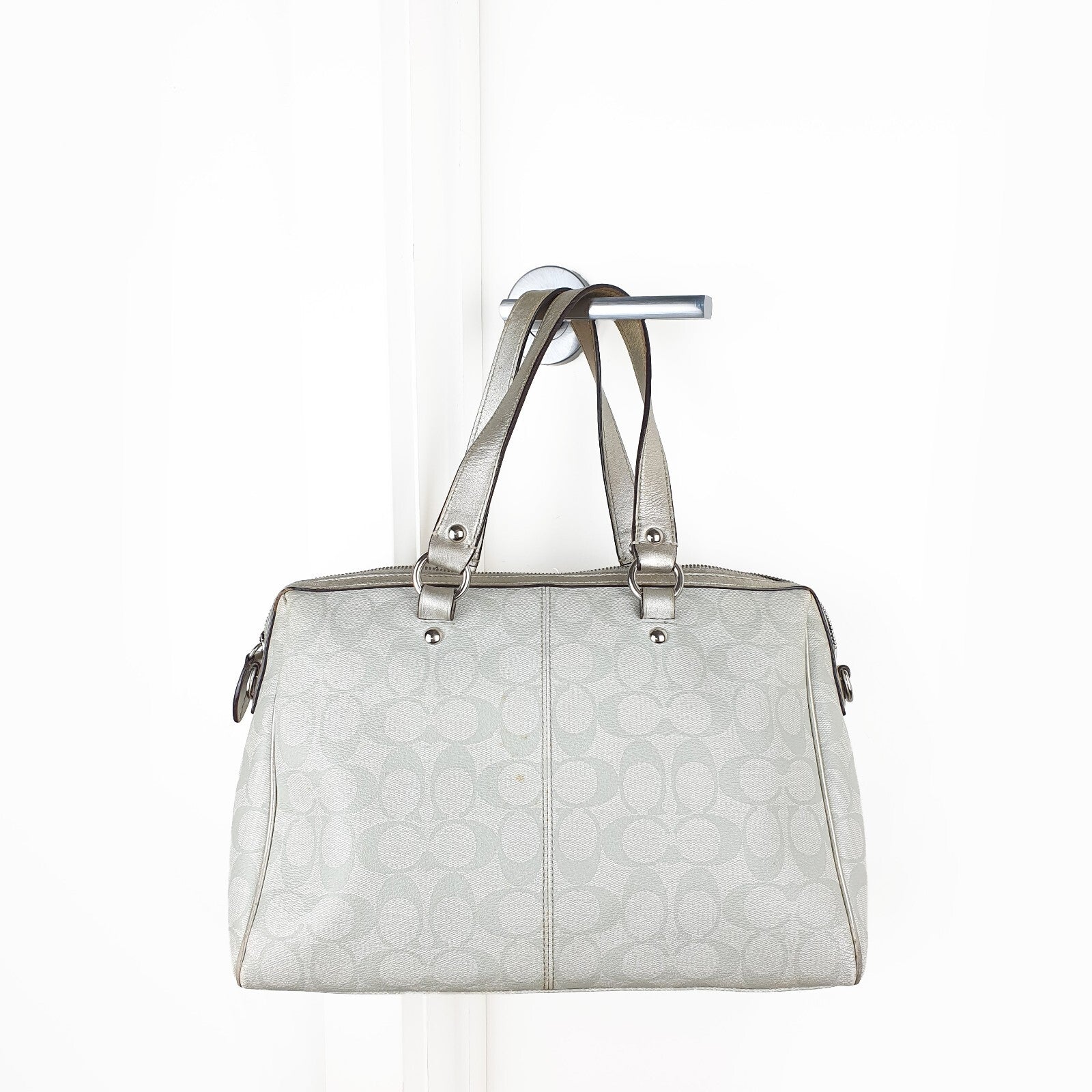 Coach Signature Canvas Handbag with Metallic Leather Trim