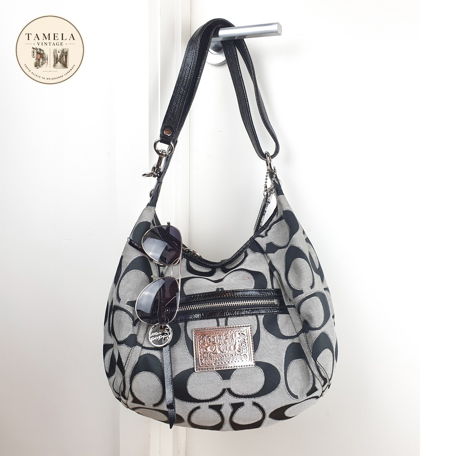 Coach Signature Black and Grey Hobo Shoulder Bag with Pink Interior