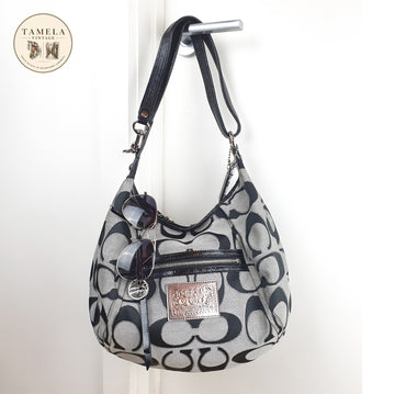 Coach Signature Black and Grey Hobo Shoulder Bag with Pink Interior