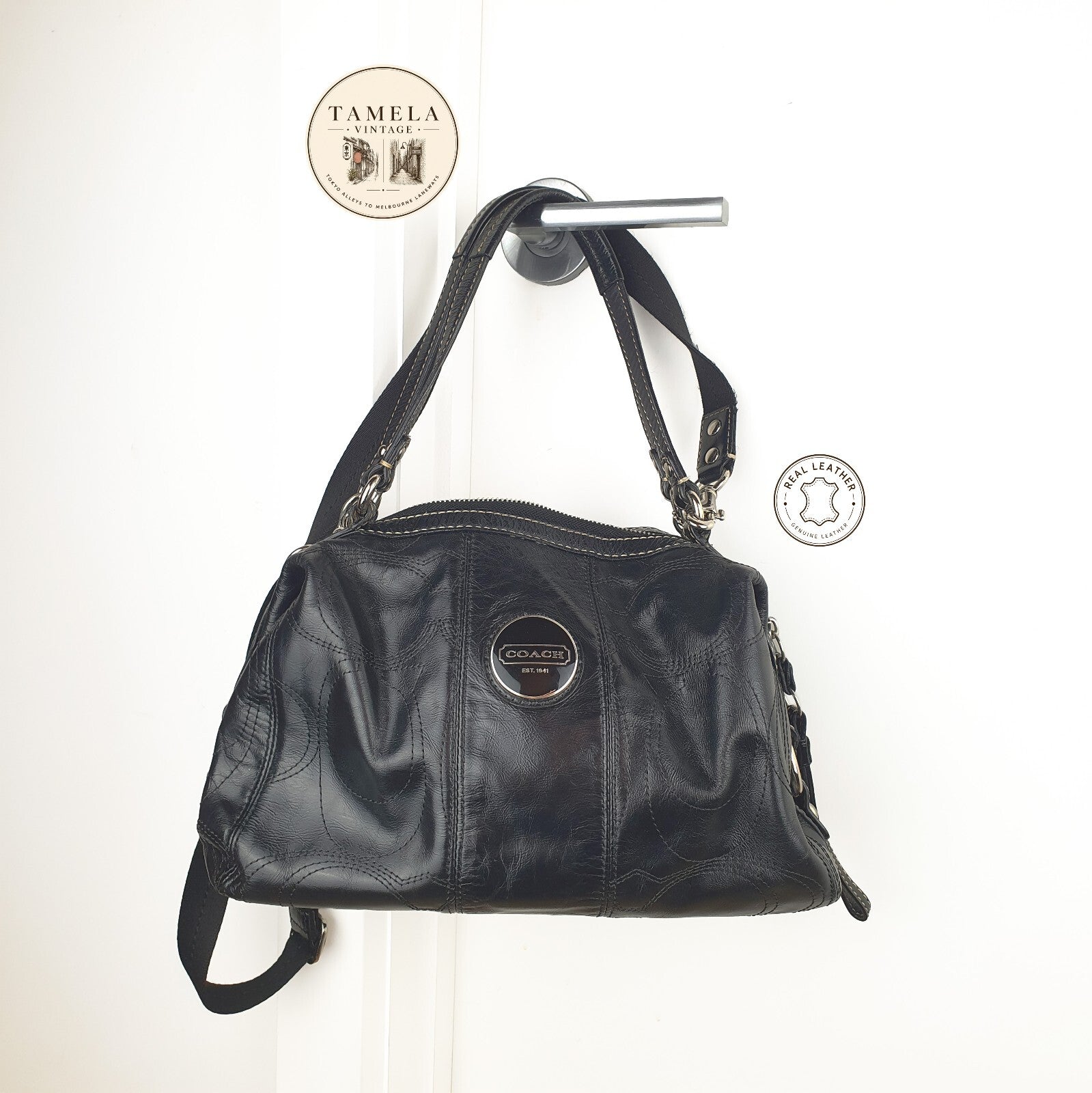 Coach Black Leather Shoulder Bag with Adjustable Strap