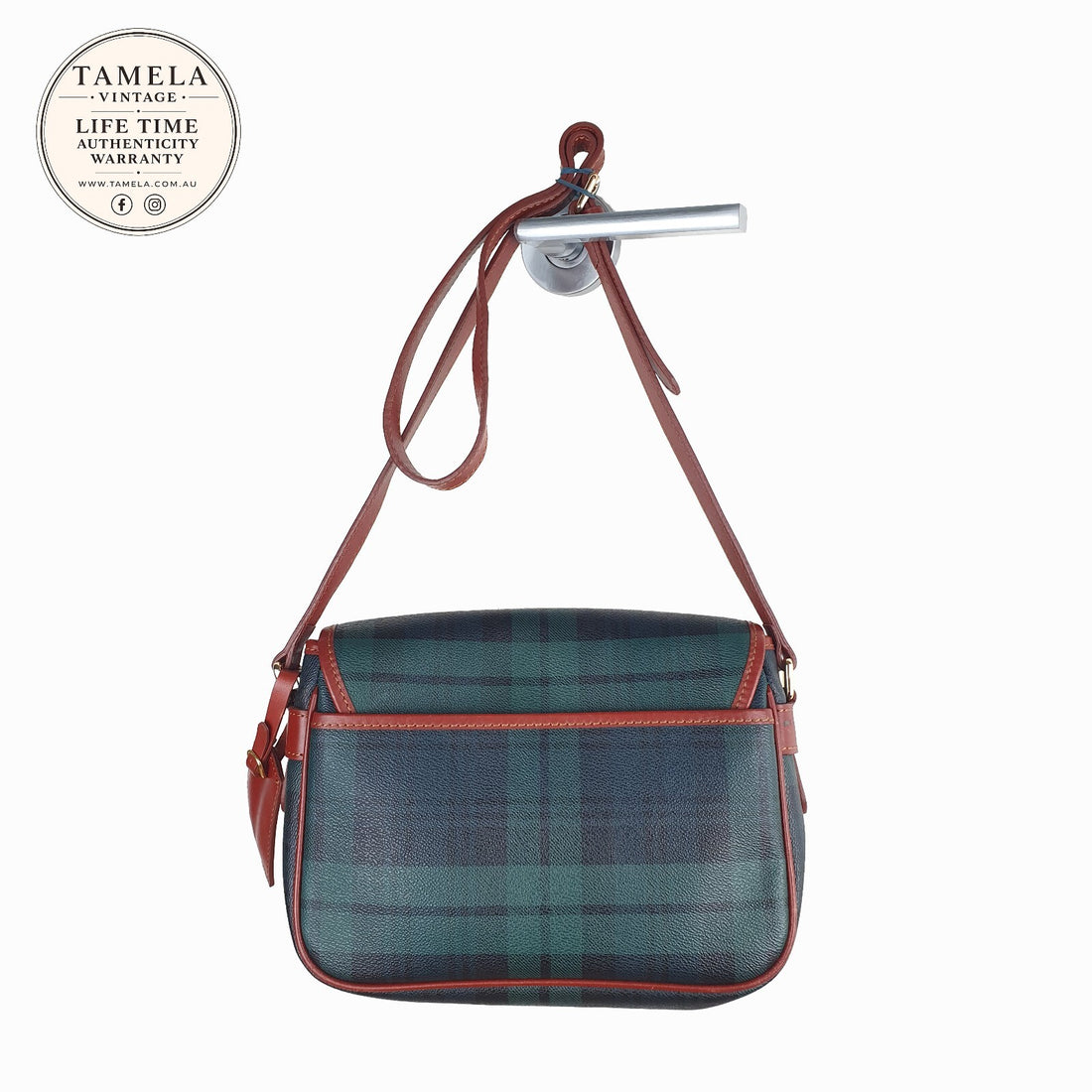 Beverly Hills Polo Club Vintage Green and Navy Tartan Crossbody Bag with Brown T