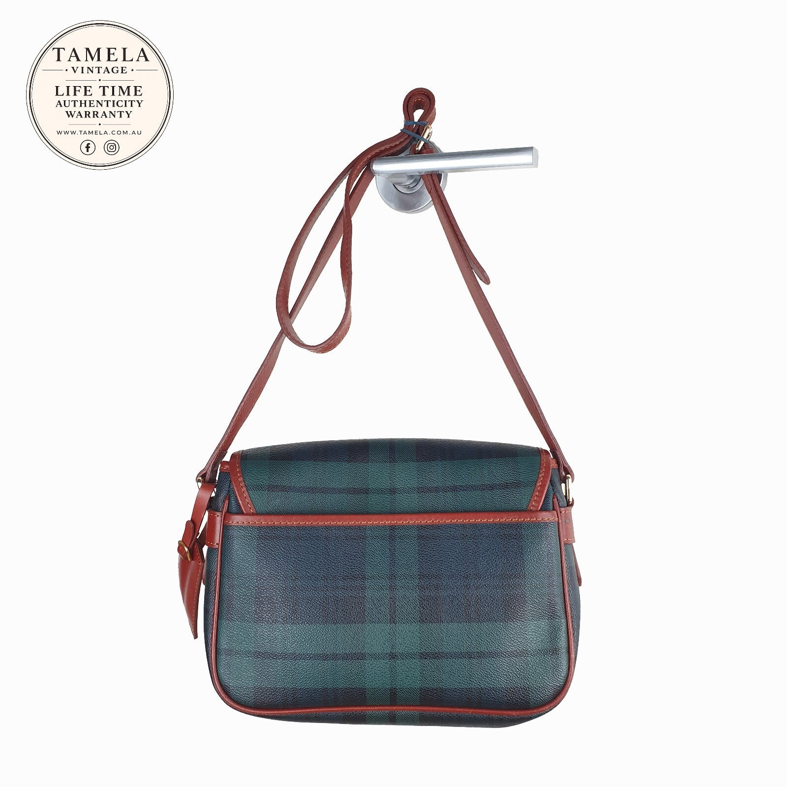 Beverly Hills Polo Club Vintage Green and Navy Tartan Crossbody Bag with Brown T