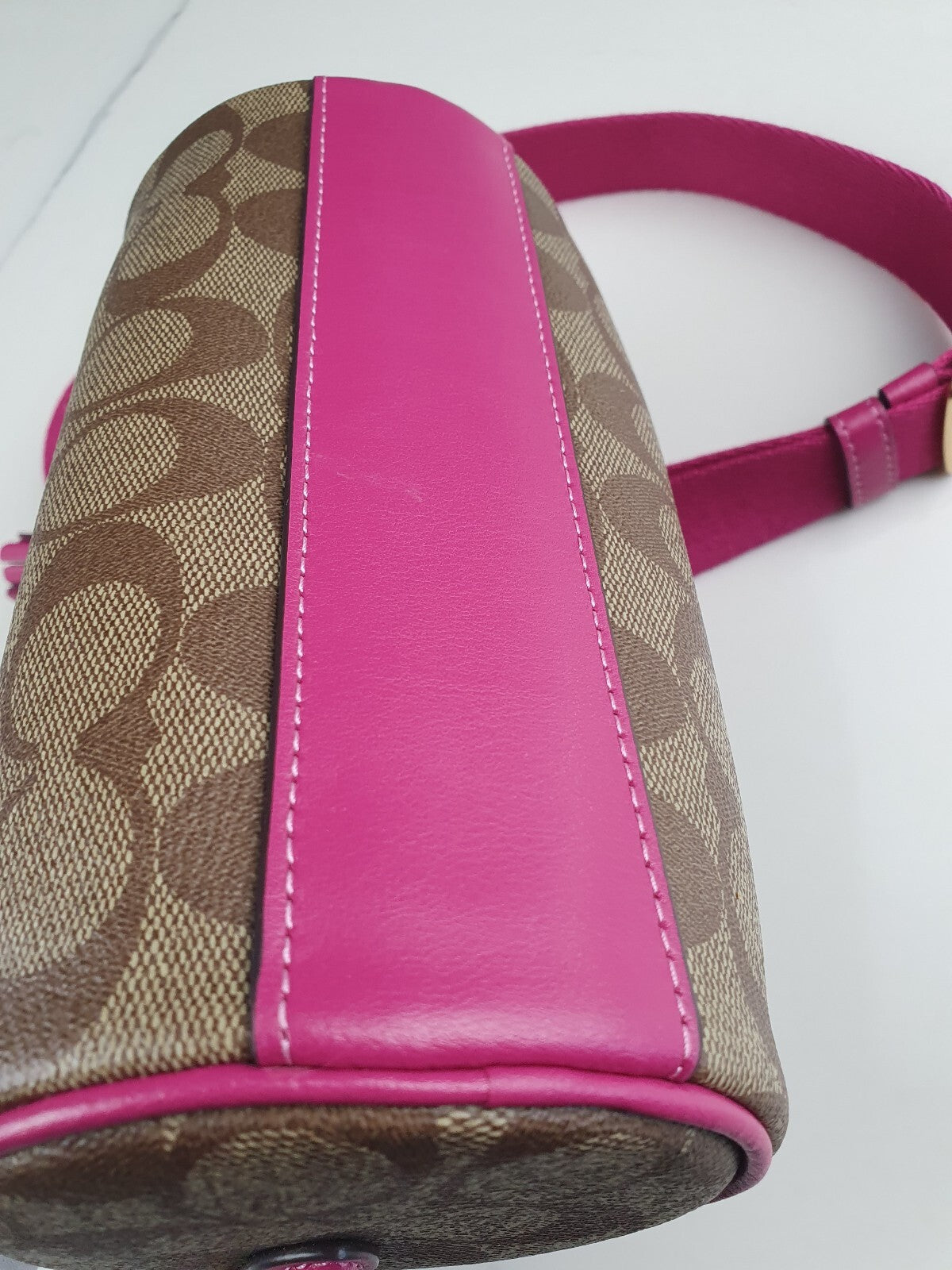Coach Signature Canvas and Pink Leather Barrel Bag with Tassel
