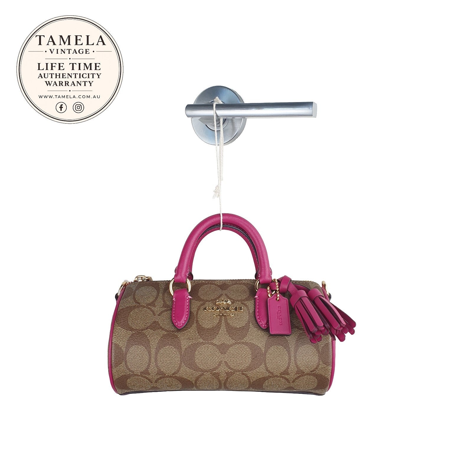 Coach Signature Canvas and Pink Leather Barrel Bag with Tassel