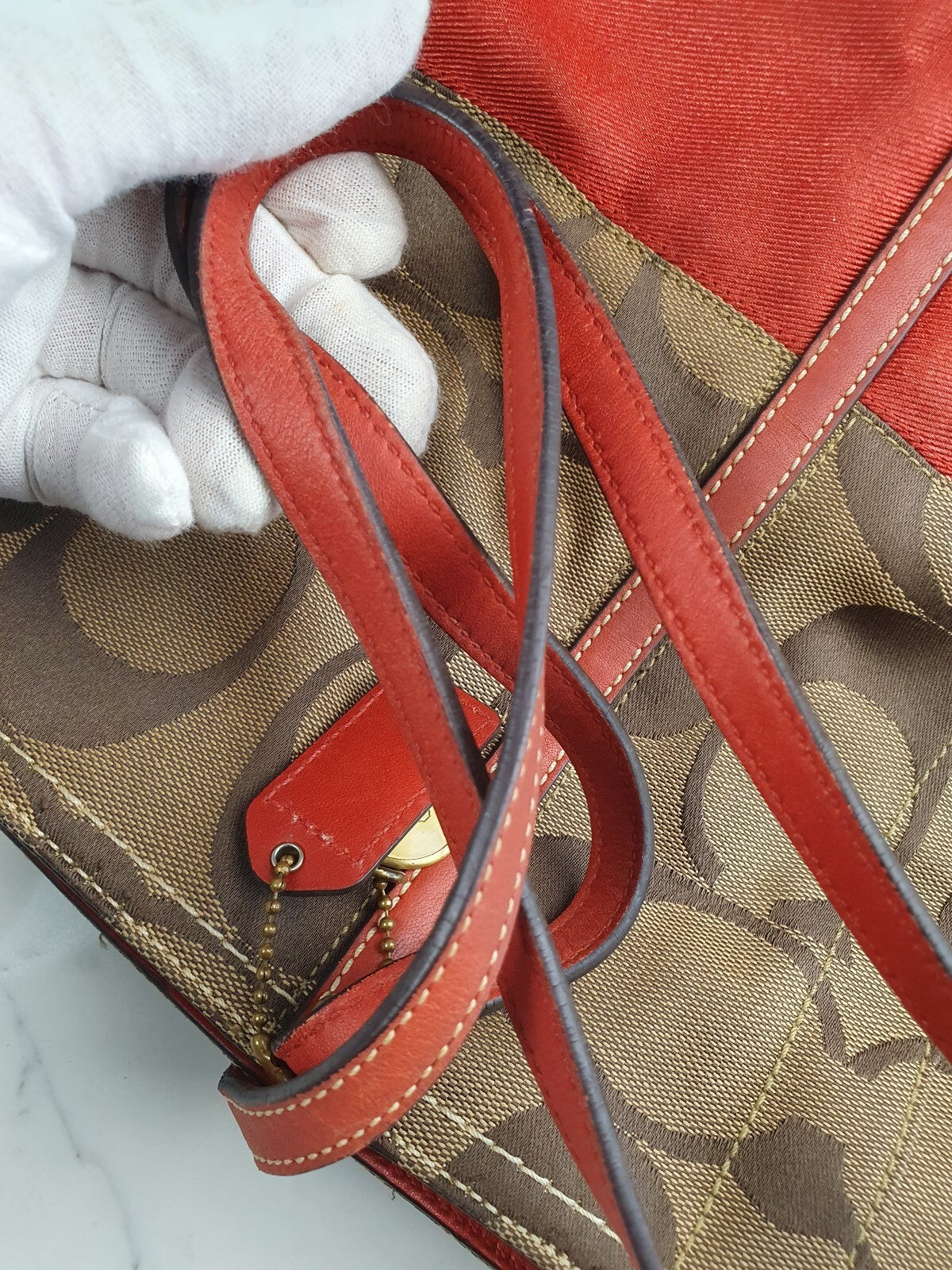 Coach Signature Canvas Tote Bag with Red Leather Trim