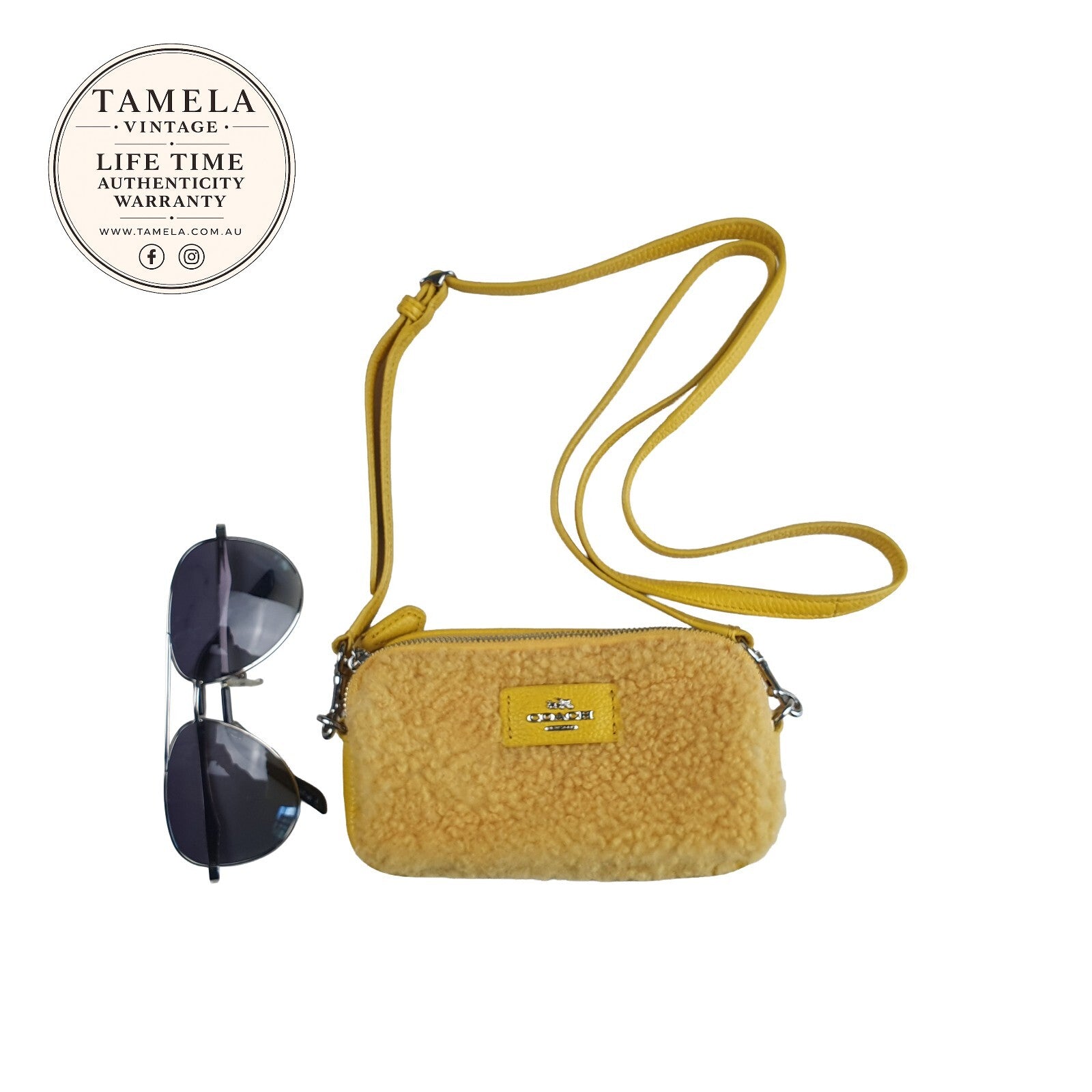 Very Rare Coach Yellow Shearling and Leather Crossbody Bag