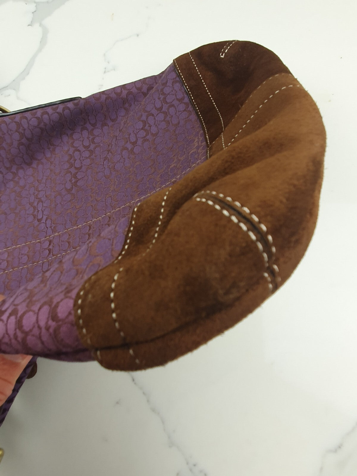 Coach Purple Signature Canvas and Brown Suede Shoulder Bag