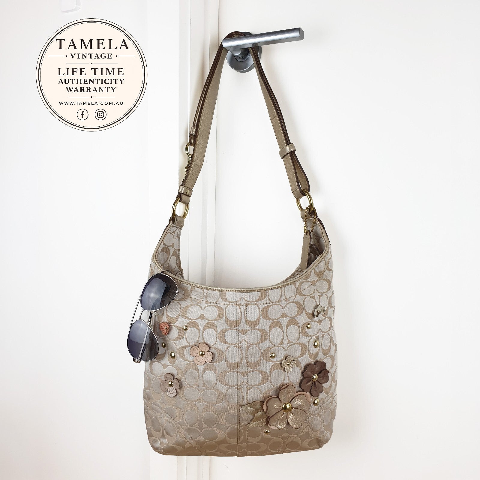 Coach Signature Canvas Shoulder Bag with Floral Appliqué
