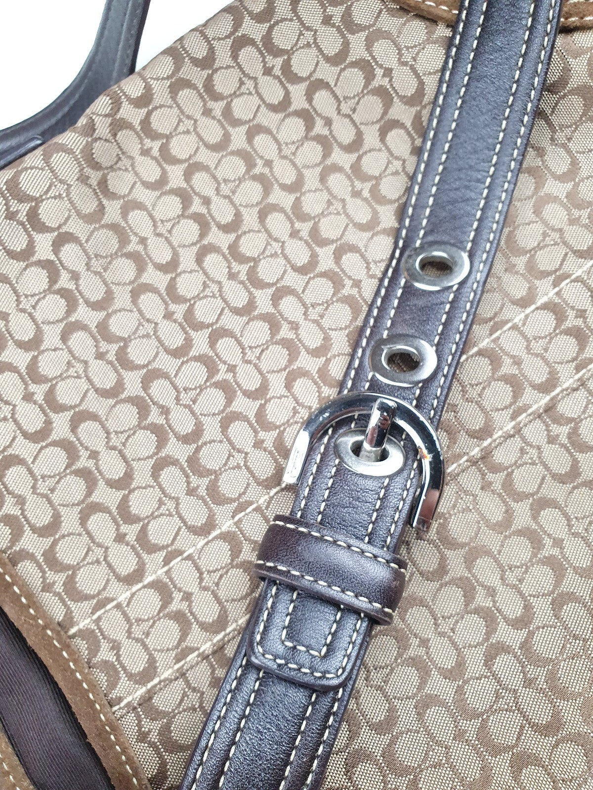 Coach Brown Signature Canvas Crossbody Bag with Suede Trim and Buckle Detail