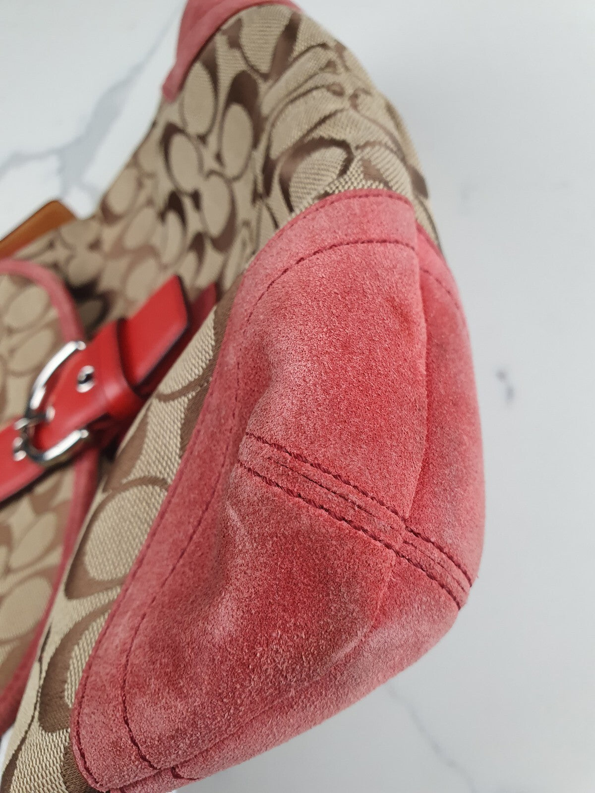 Coach Signature Canvas and Leather Shoulder Bag in Brown and Coral
