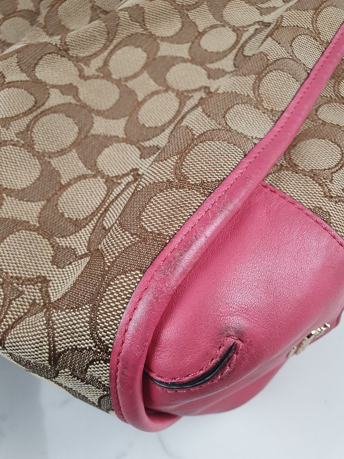 Vintage Coach Signature Canvas Shoulder Bag with Pink Leather Trim