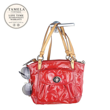 Coach Red Patent Leather Signature Tote Bag with Tan Straps