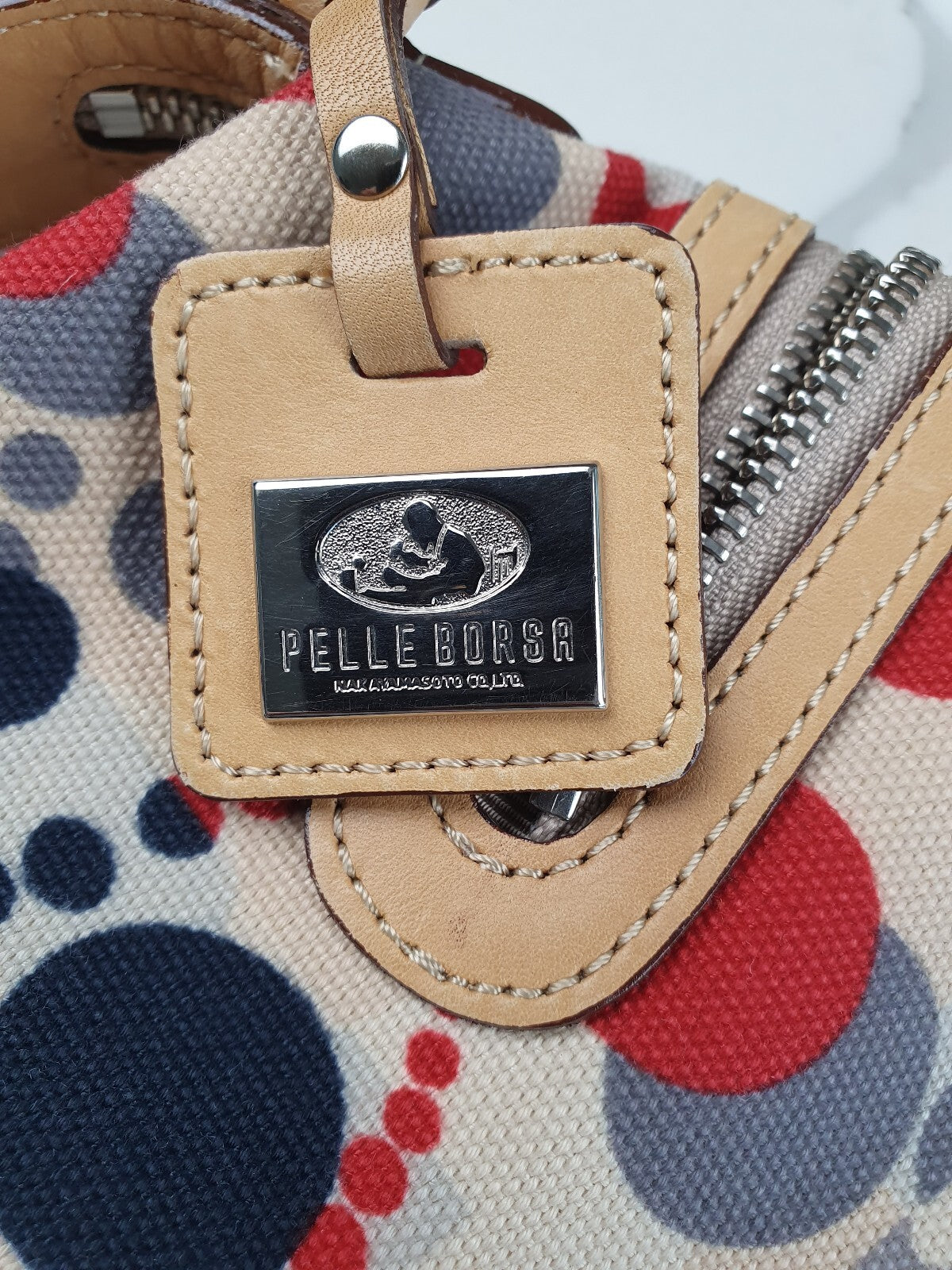 Pelle Borsa Canvas and Leather Shoulder Bag with Polka Dot Pattern