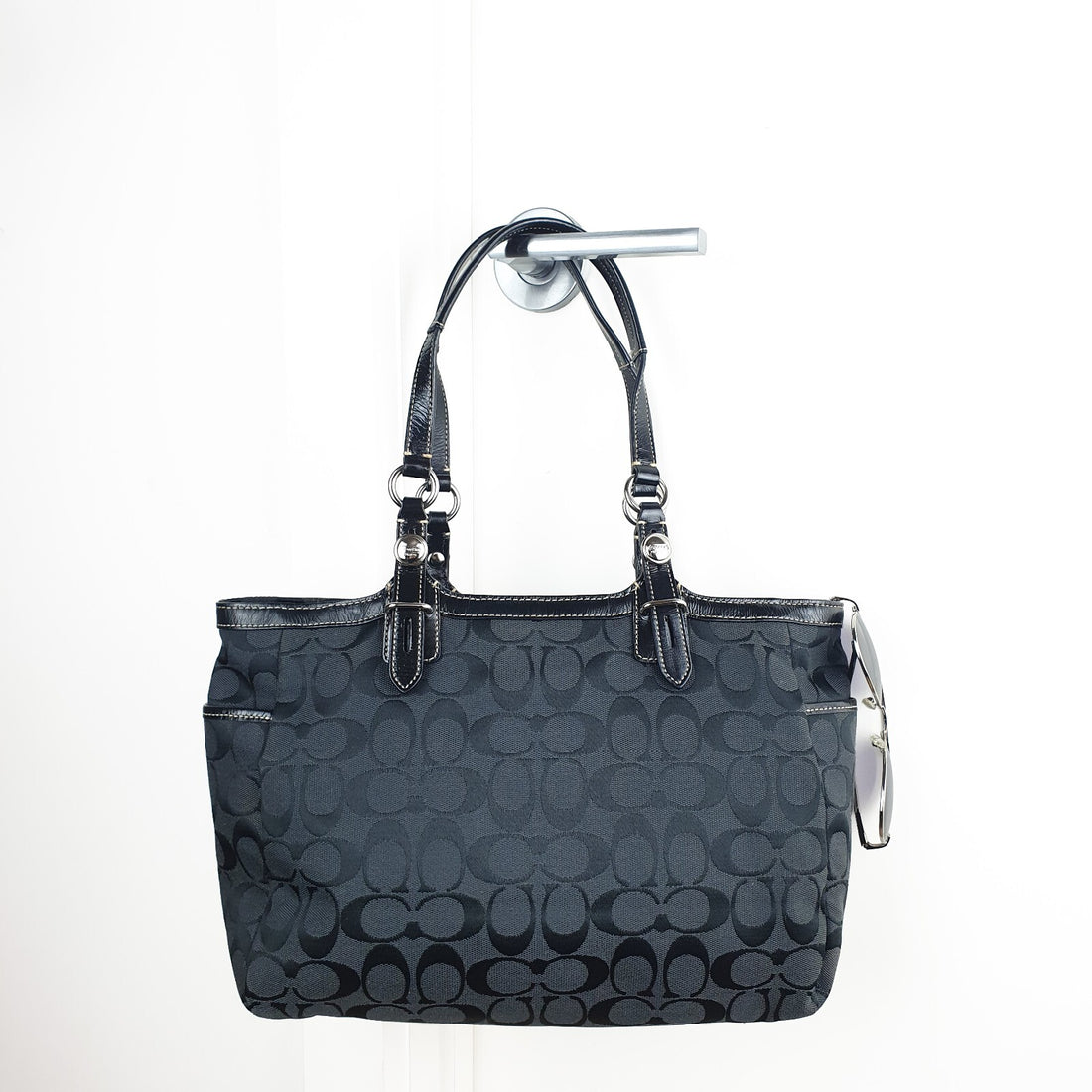 Coach Black Signature Jacquard Tote Bag with Leather Trim