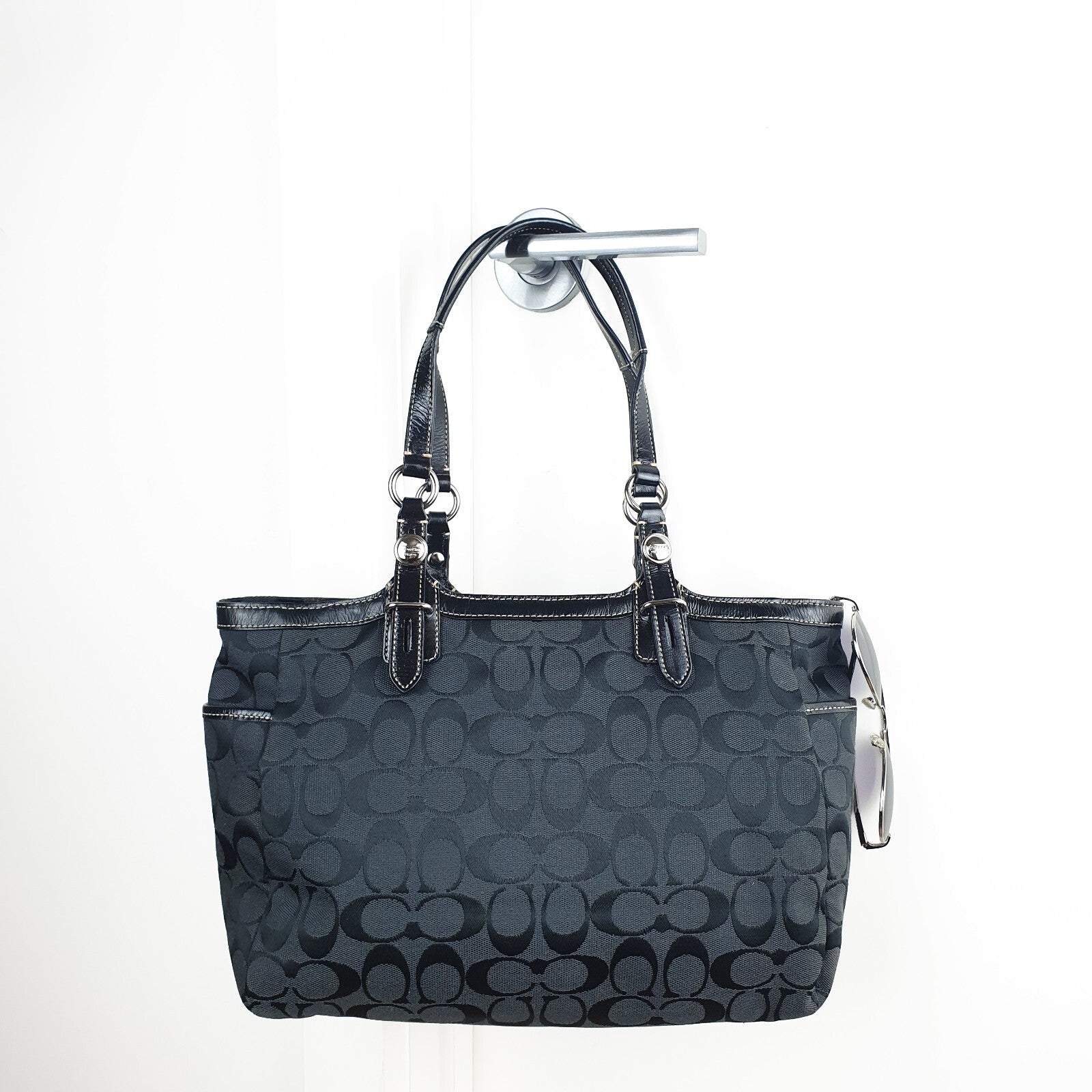 Coach Black Signature Jacquard Tote Bag with Leather Trim