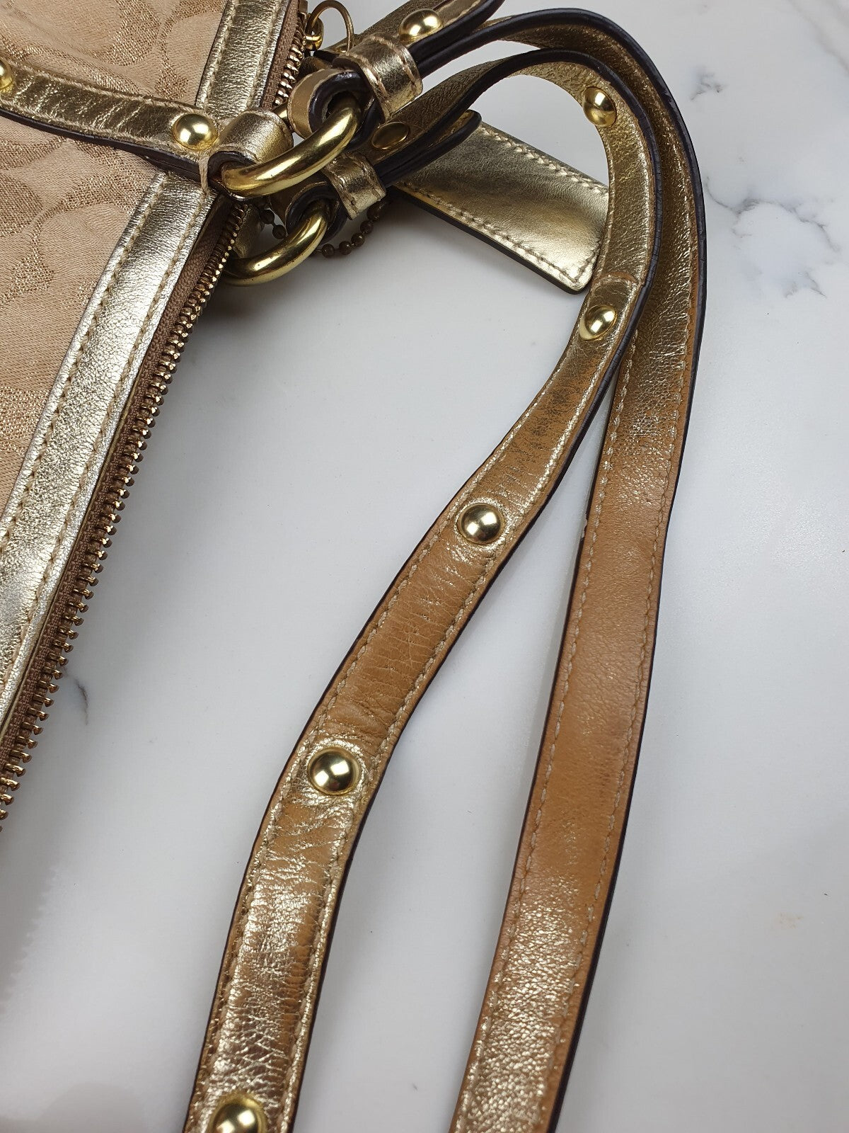 Coach Beige Signature Canvas Tote Bag with Gold Leather Trim