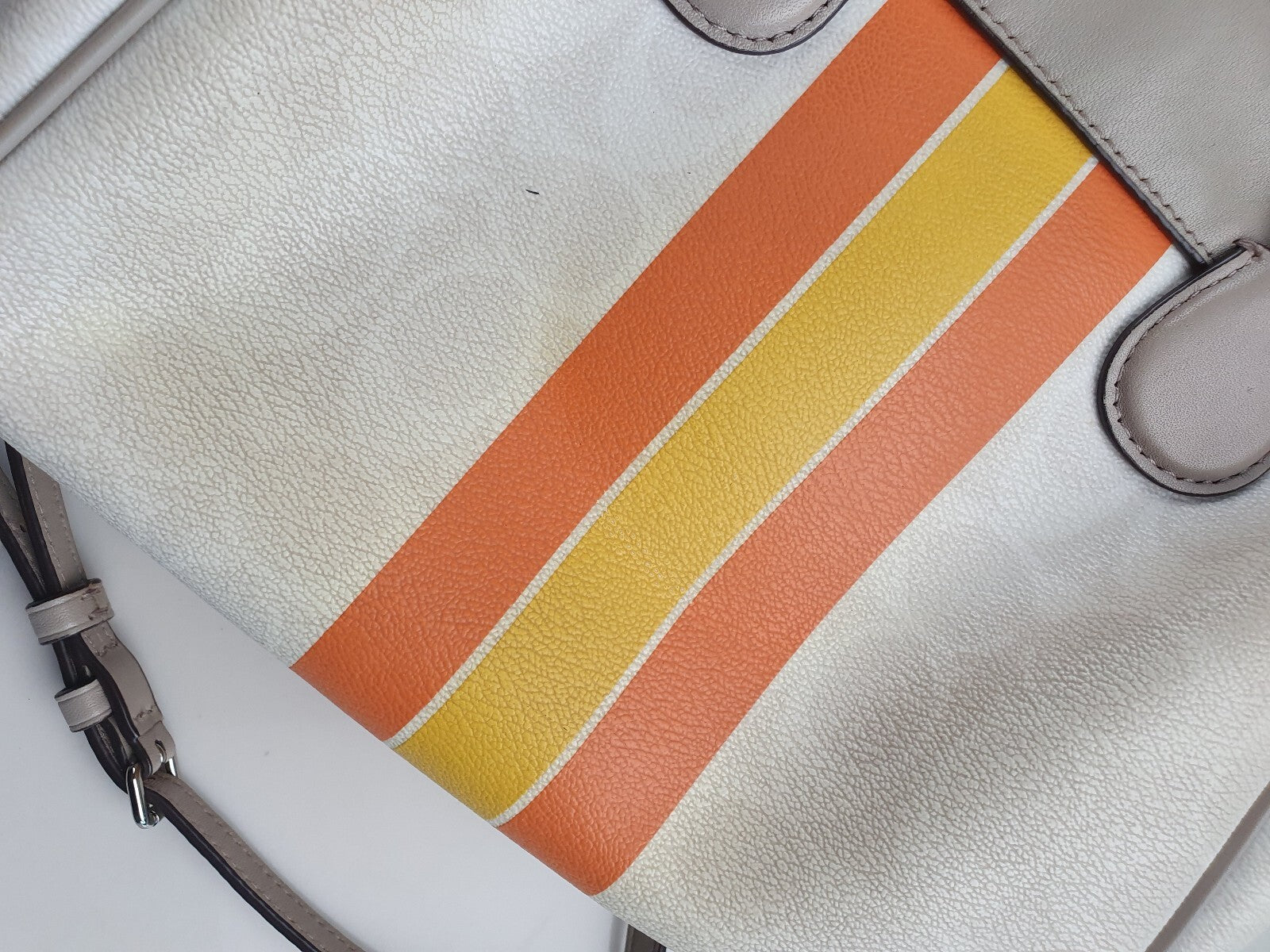 Coach Vintage White Leather Handbag with Orange and Yellow Stripe Detail