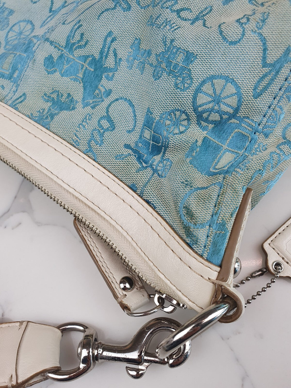 Coach Vintage Blue Canvas and White Leather Shoulder Bag