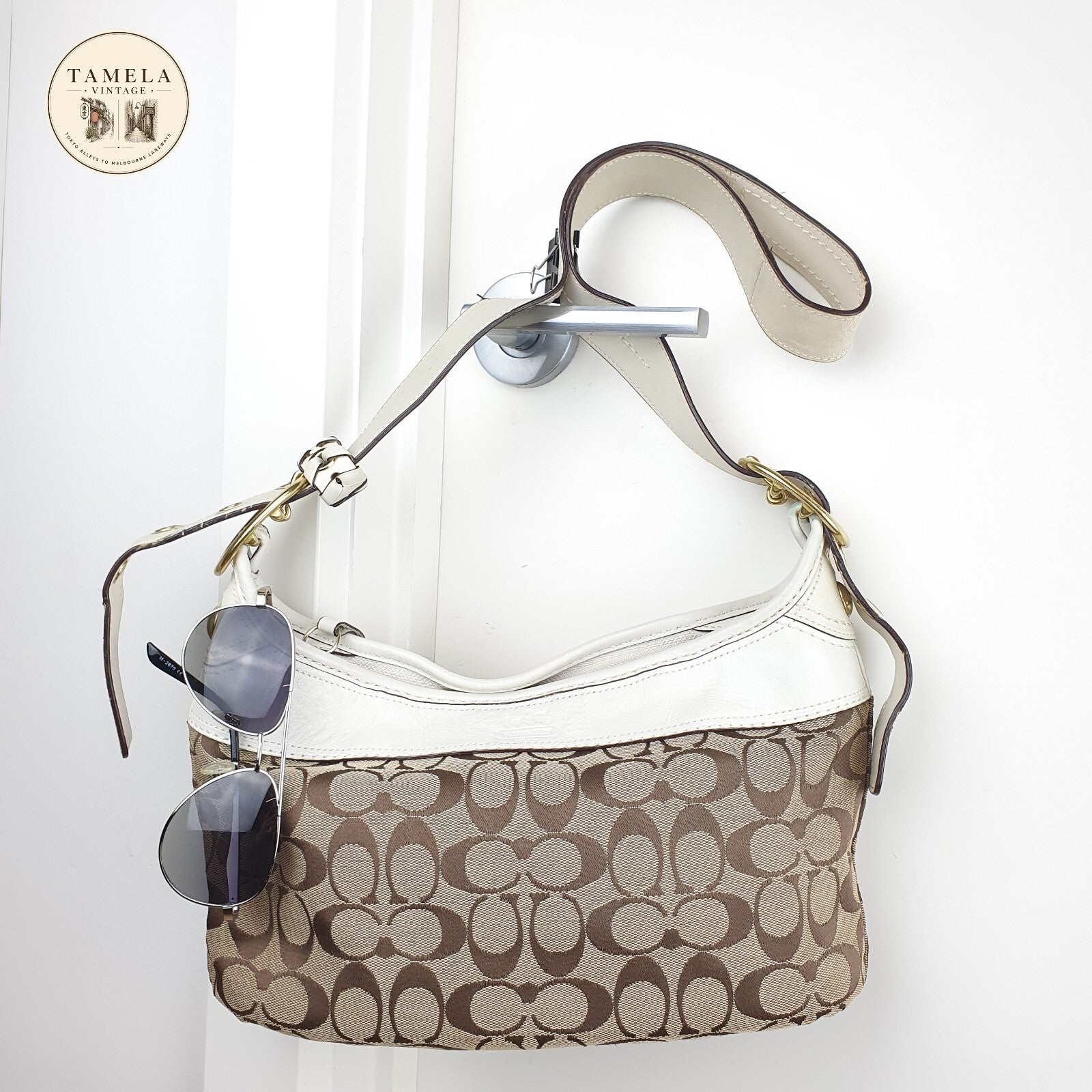 Coach Signature Canvas and Genuine White Leather Hobo Shoulder Bag