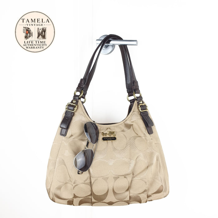 Coach Beige Signature Canvas Hobo Bag with Dark Brown Leather Trim