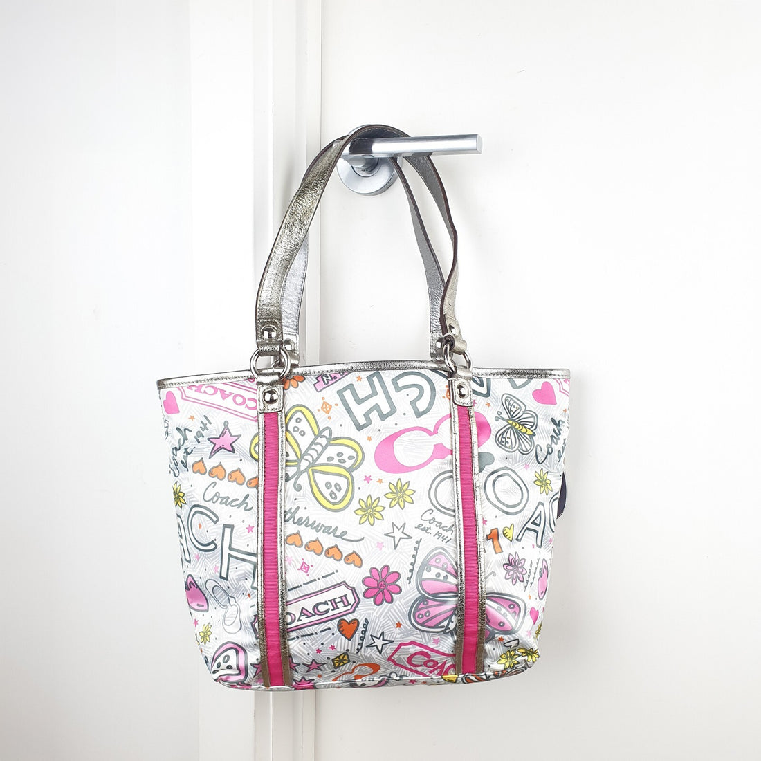 Coach Handbag with Colorful Butterfly and Logo Print