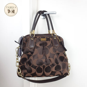 Coach Signature Brown Canvas Satchel Handbag with Leather Trim and Gold Hardware