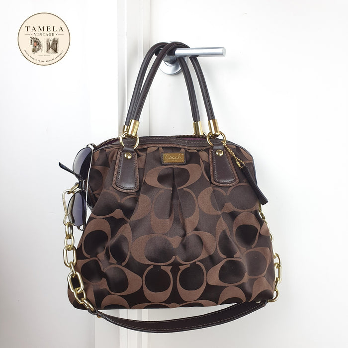 Coach Signature Brown Canvas Satchel Handbag with Leather Trim and Gold Hardware