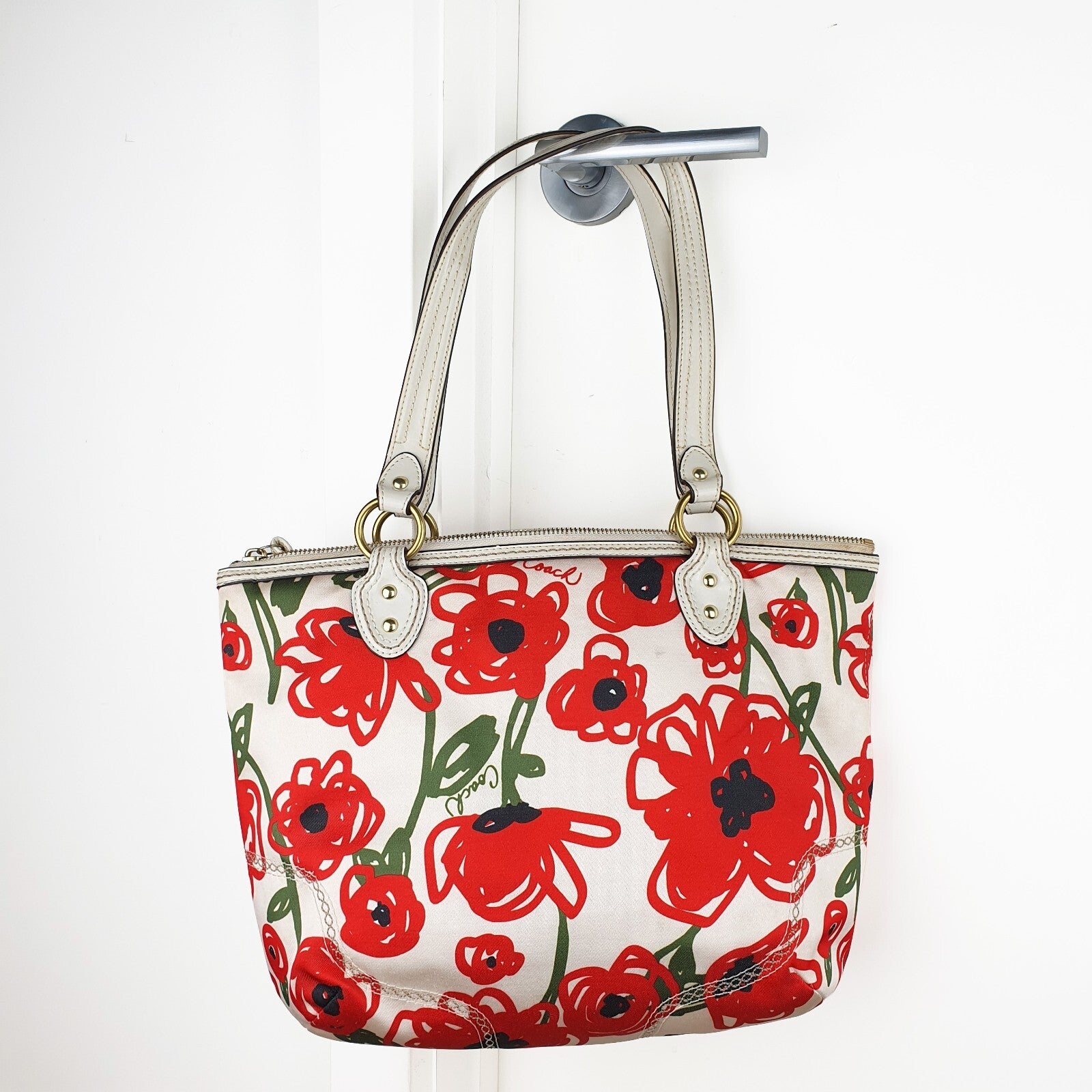 Coach Floral Canvas Tote Bag with Leather Trim