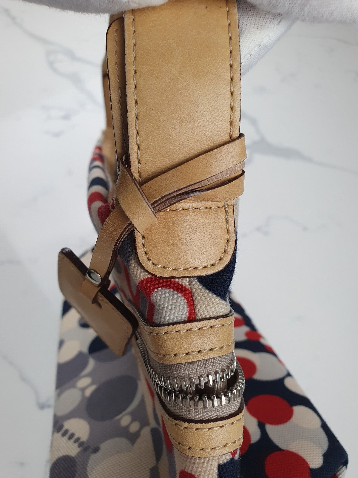 Pelle Borsa Canvas and Leather Shoulder Bag with Polka Dot Pattern