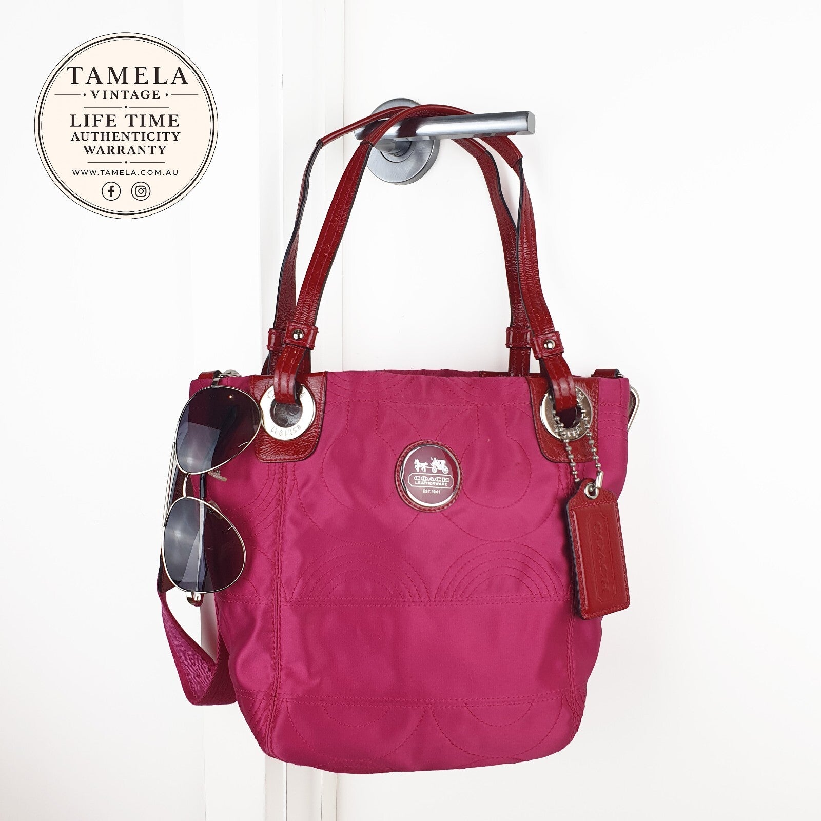 Coach Pink Nylon Tote Bag with Leather Handles and Detachable Strap