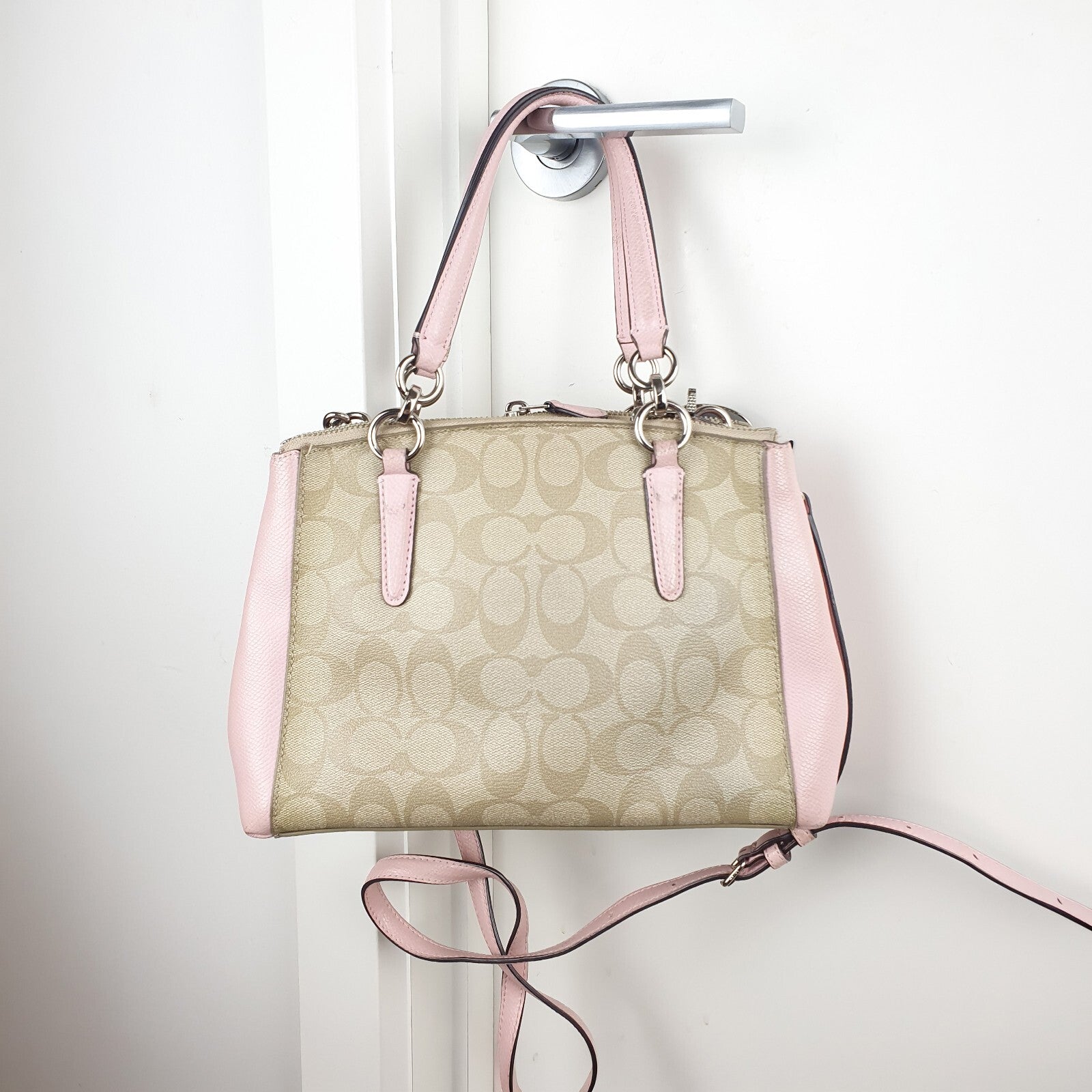 Coach Signature Canvas and Leather Satchel Handbag in Pink and Beige