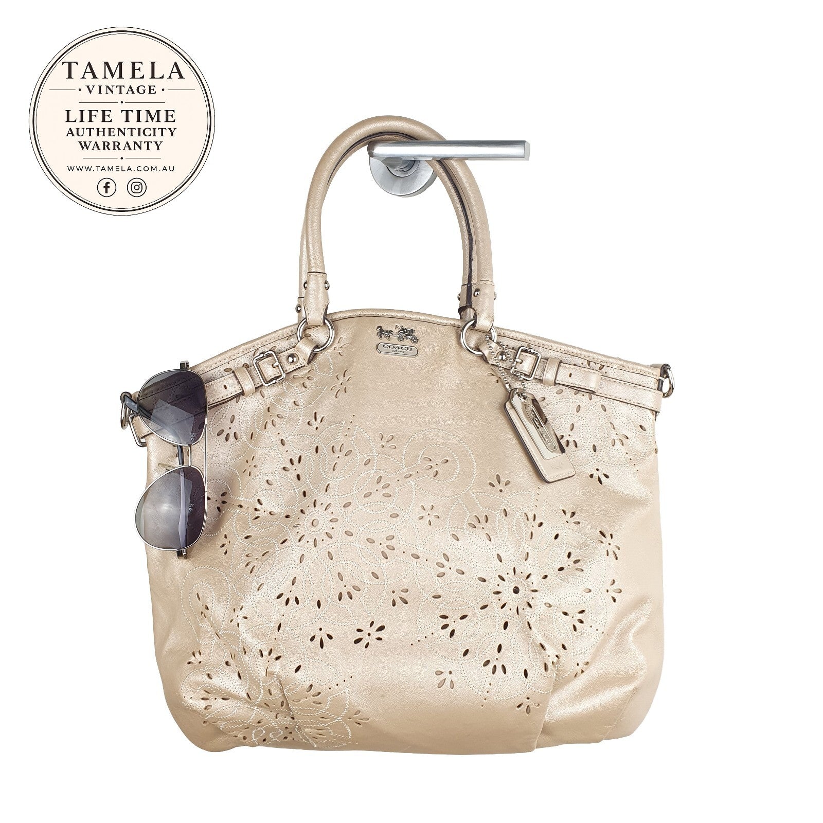 Coach Beige Leather Tote Bag with Floral Cutout Design