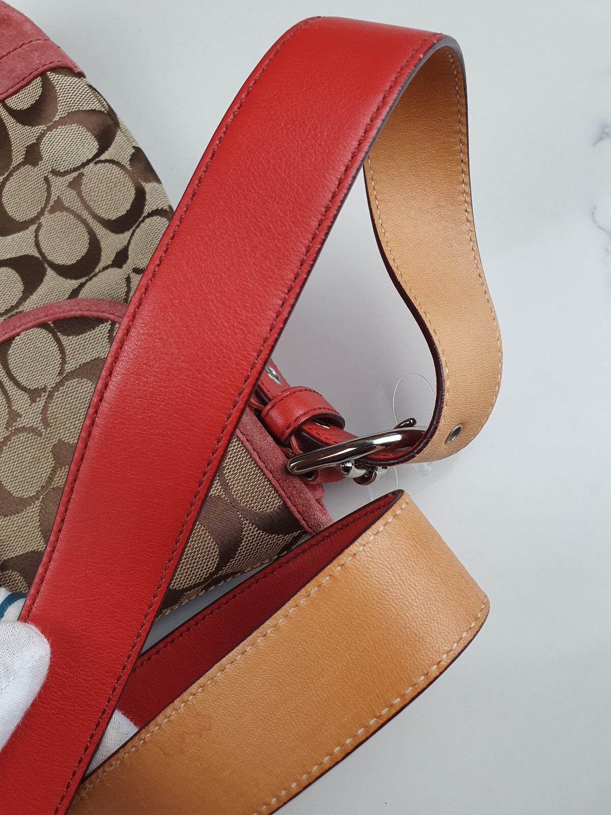 Coach Signature Canvas and Leather Shoulder Bag in Brown and Coral