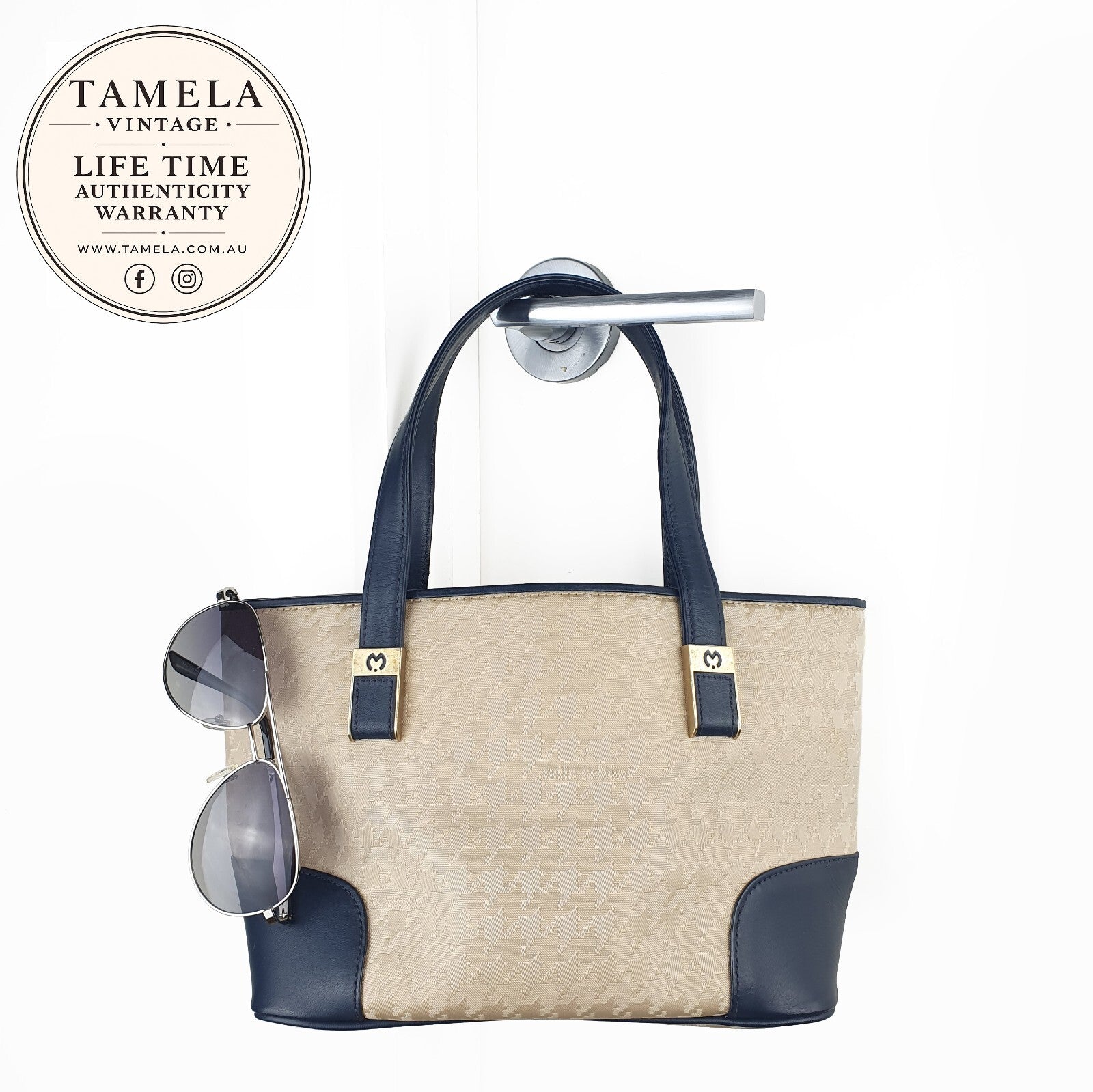 Emilia Schön Beige and Navy Real Leather Tote Bag