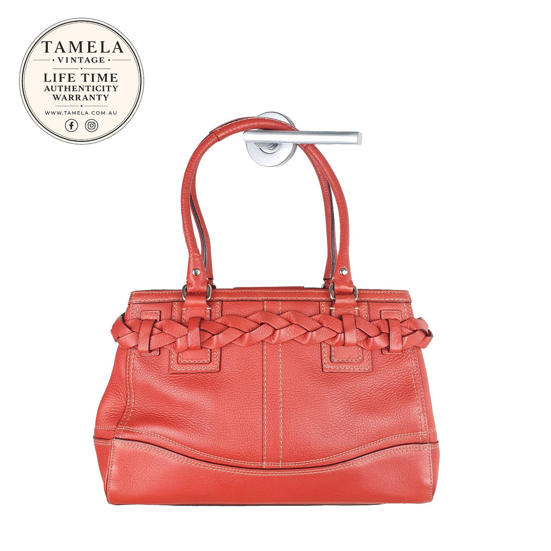 Coach Vintage Orange Leather Shoulder Bag with Braided Detail and Tassel