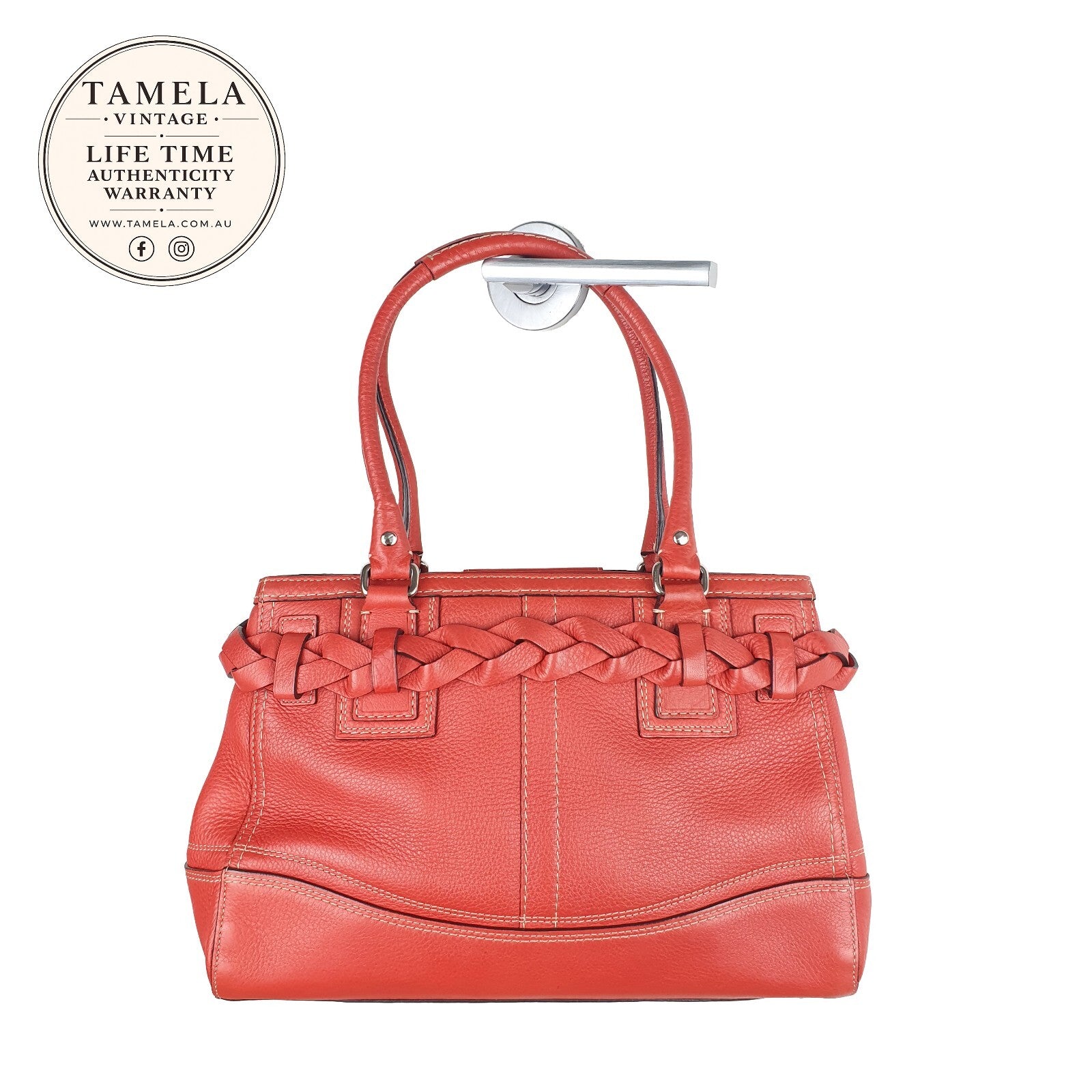 Coach Vintage Orange Leather Shoulder Bag with Braided Detail and Tassel
