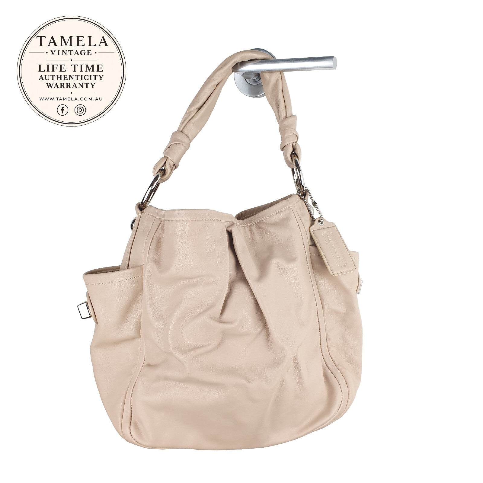 Coach Beige Leather Handbag with Knotted Handles