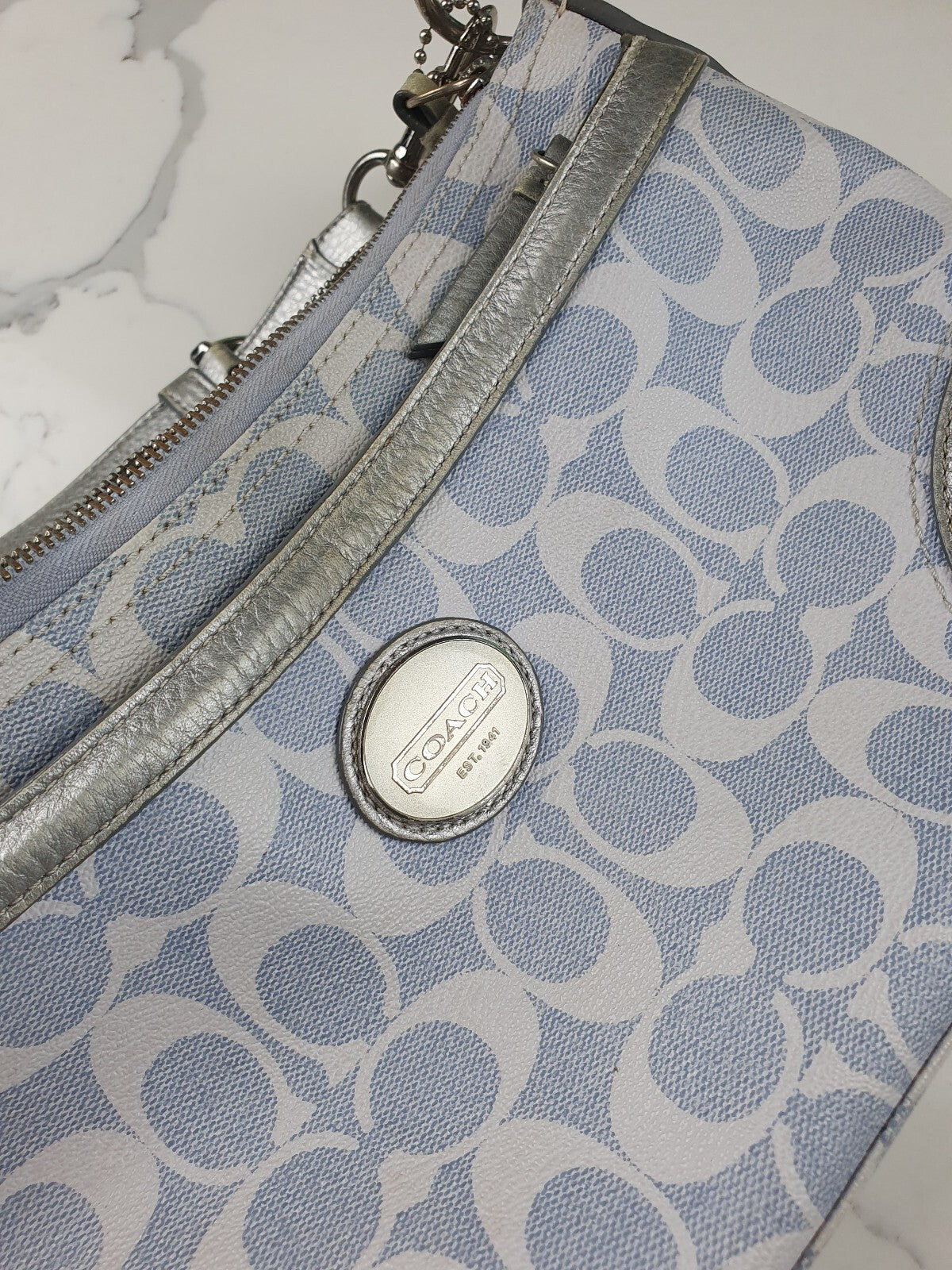 Coach Signature Canvas and Silver Leather Shoulder Bag