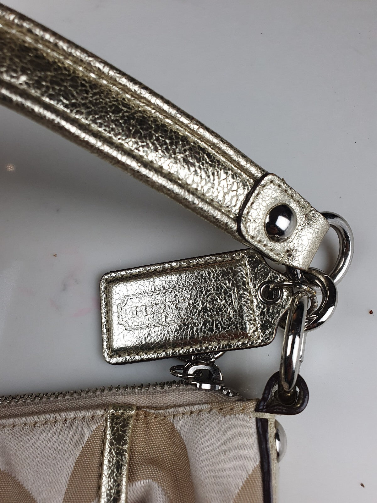 Vintage Coach Beige Signature Satin Shoulder Bag with Gold Leather Trim