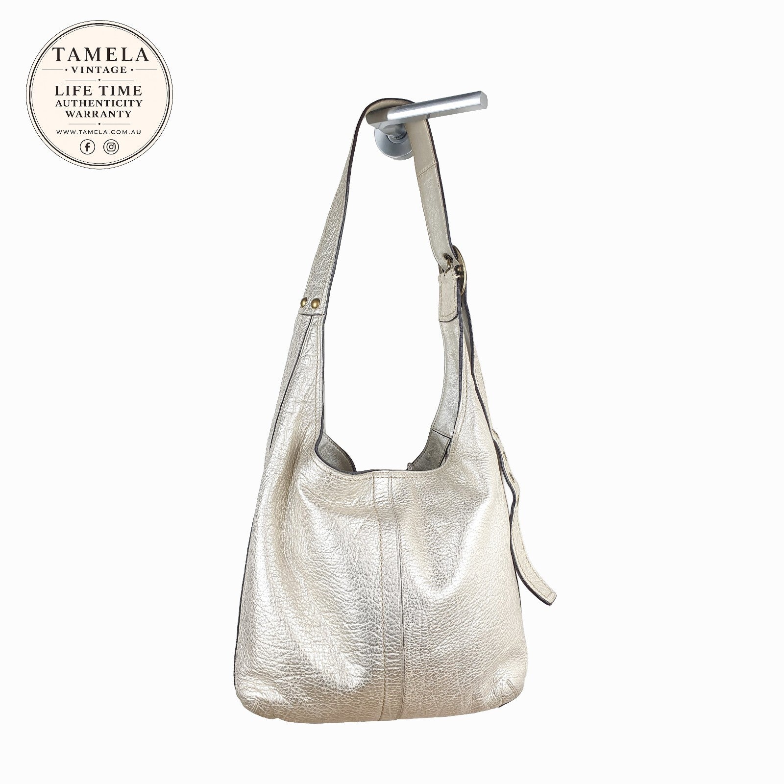 Coach Silver Leather Hobo Shoulder Bag with Adjustable Strap