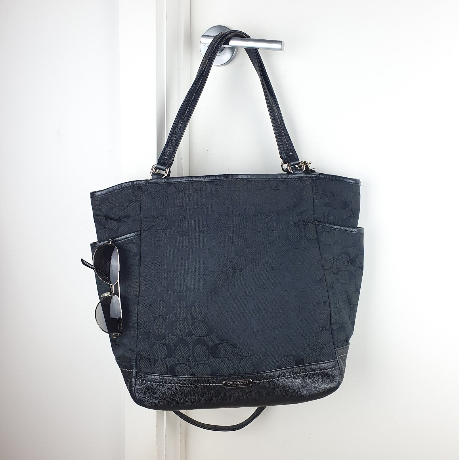 Coach Black Park Signature Canvas Carrie Tote Bag with Leather Trim
