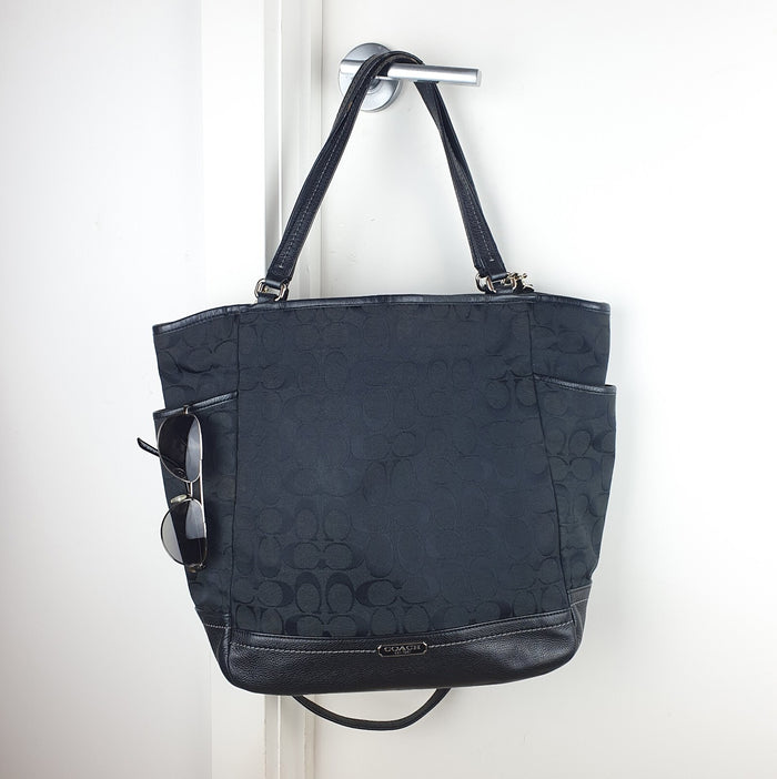 Coach Black Park Signature Canvas Carrie Tote Bag with Leather Trim