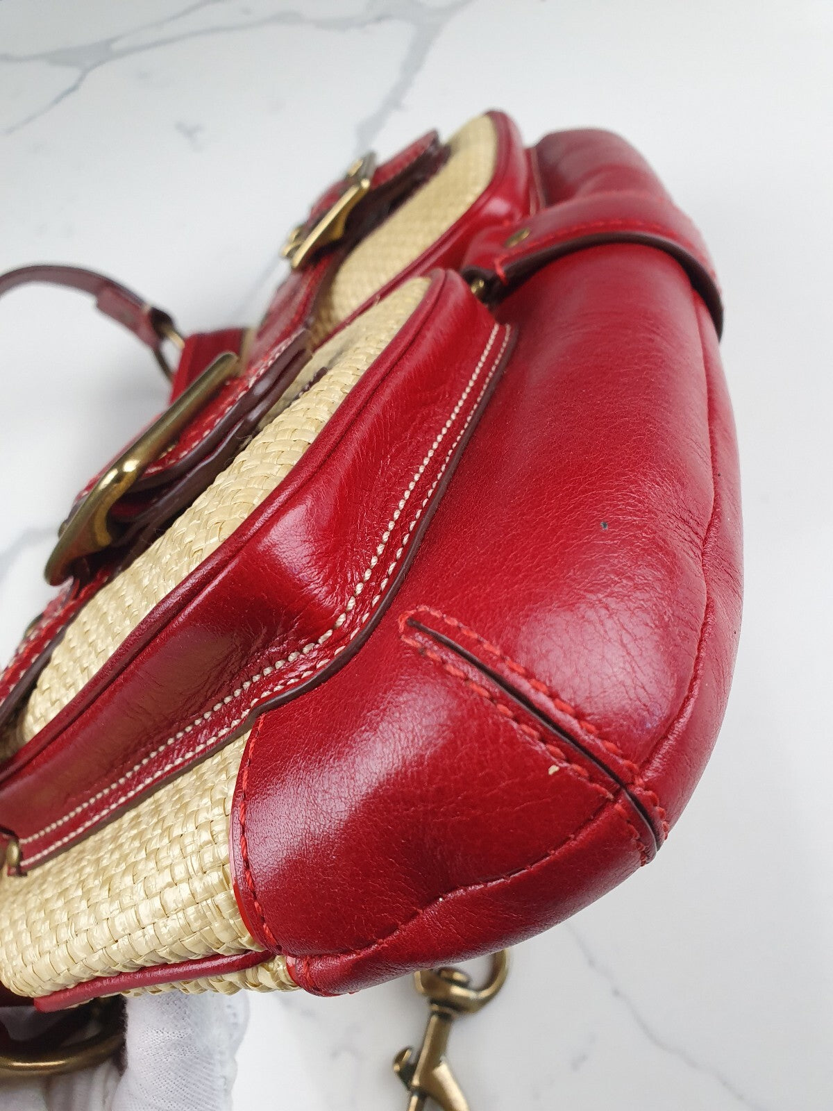 Coach Vintage Red Leather and Straw Shoulder Bag
