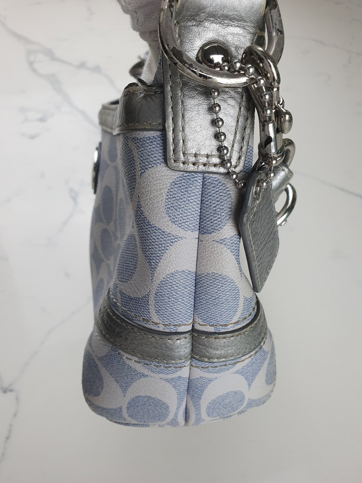 Coach Signature Canvas and Silver Leather Shoulder Bag